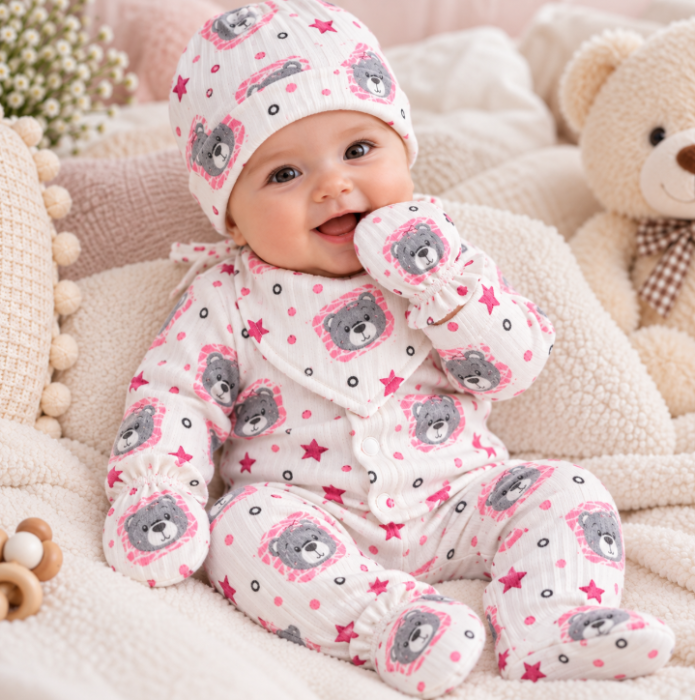 Set 5 piese pentru bebeluși – Bluziță, pantaloni, căciuliță, bavețică și mănuși, 0-3 luni, multicolor [2]