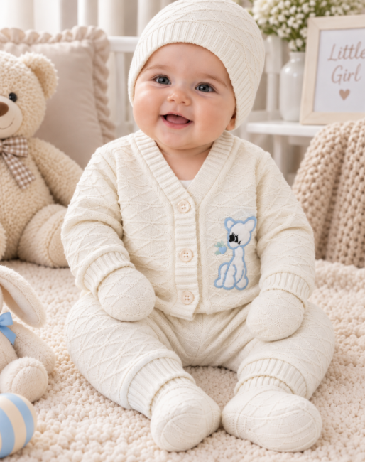 Set 4 piese tricotat, pentru bebe, Alb-Bleu [2]