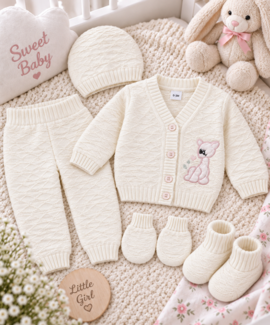 Set 4 piese tricotat, pentru bebe, Alb-roz [4]