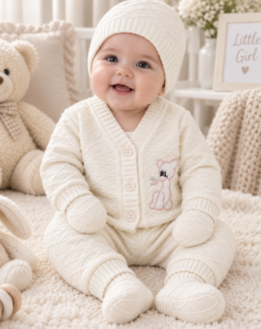 Set 4 piese tricotat, pentru bebe, Alb-roz [3]