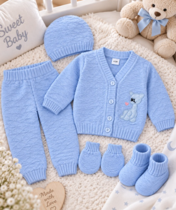 Set 5 piese tricotat, pentru bebe, Albastru [4]