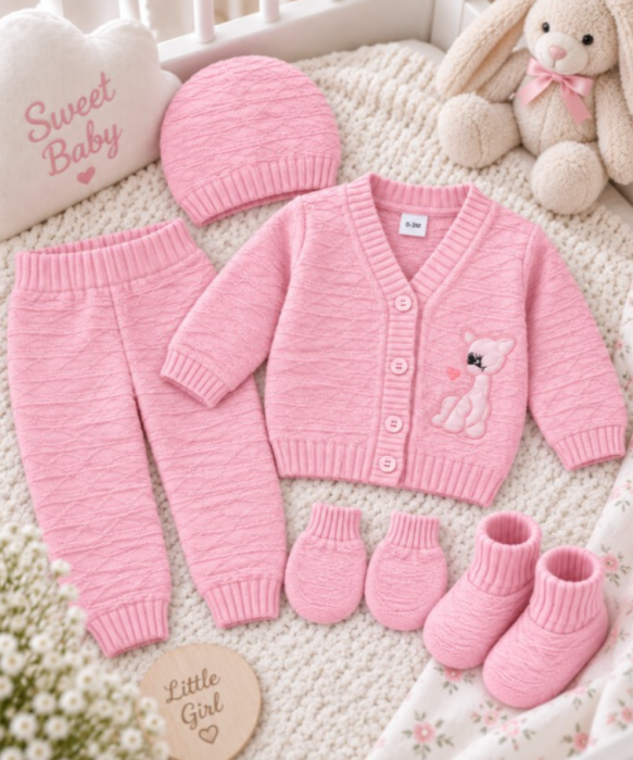 Set 5 piese tricotat, pentru bebe, roz [4]