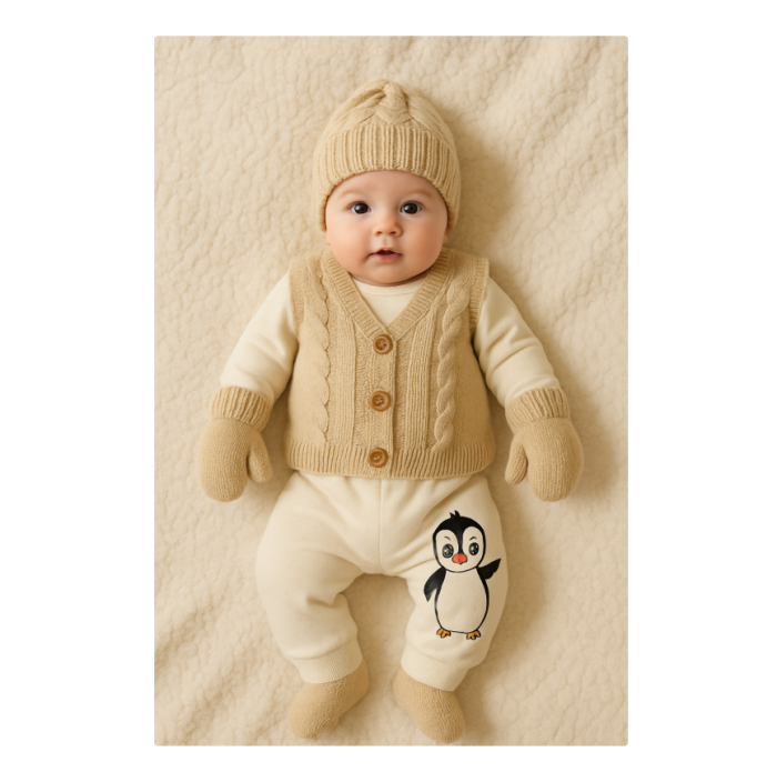 Set 6 piese, costumas bebe cu Vestuta si botosei, bej [2]