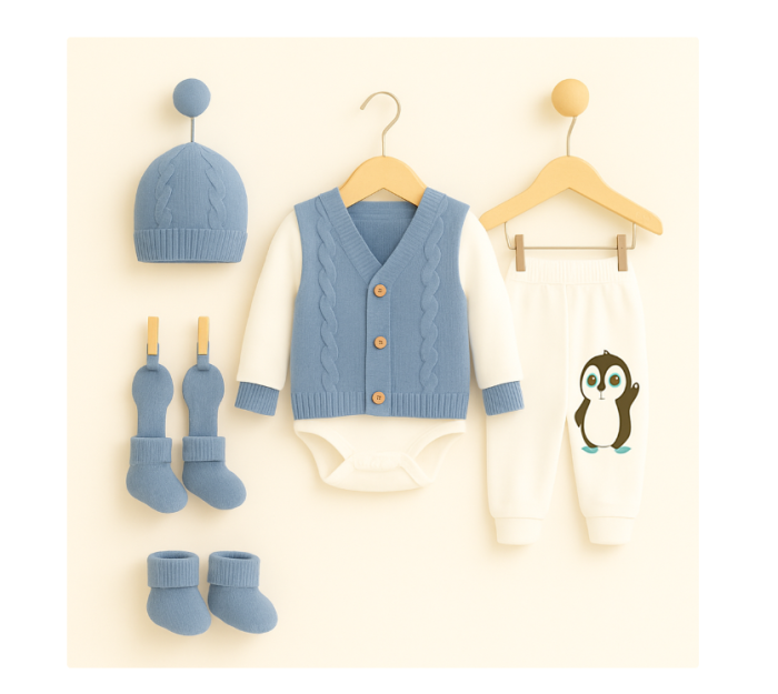 Set 6 piese, costumas bebe cu Vestuta si botosei, Albastra [1]