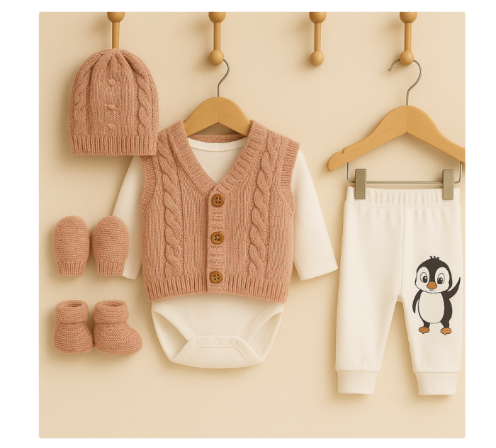 Set 6 piese, costumas bebe cu Vestuta si botosei, Roz pudra [1]