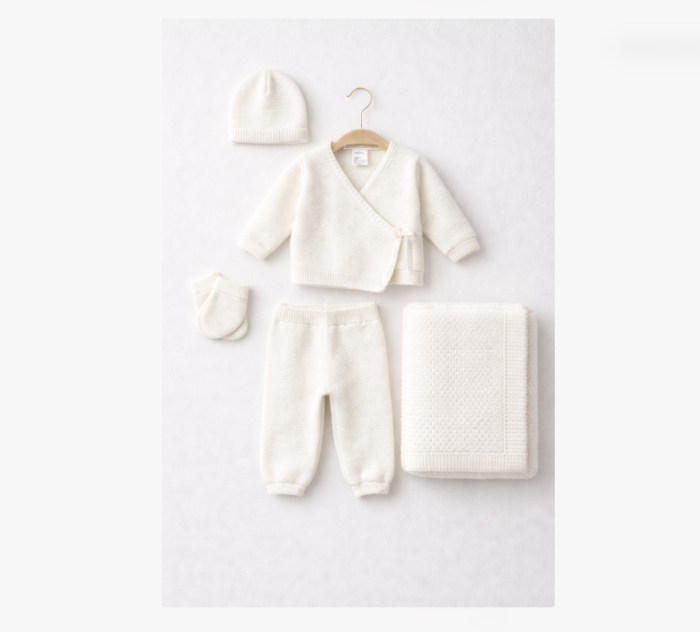 Set 6 piese, hainute tricotate cu paturica, Alb [2]