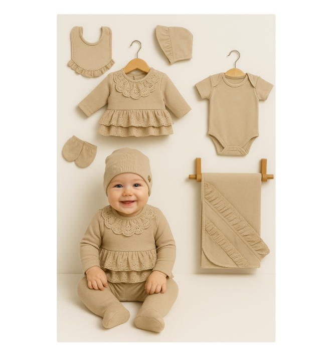 Set 7 piese, Nou născut Con con 0-3 Luni, Bumbac organic, Volant, Bej [1]