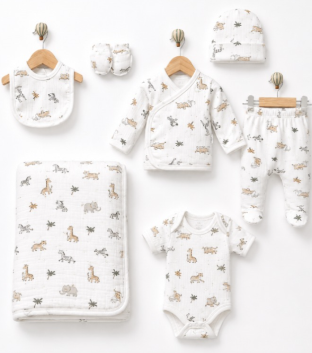 Set 7 piese, trusou, Bumbac pieptanat, pentru maternitate, Animalute [2]