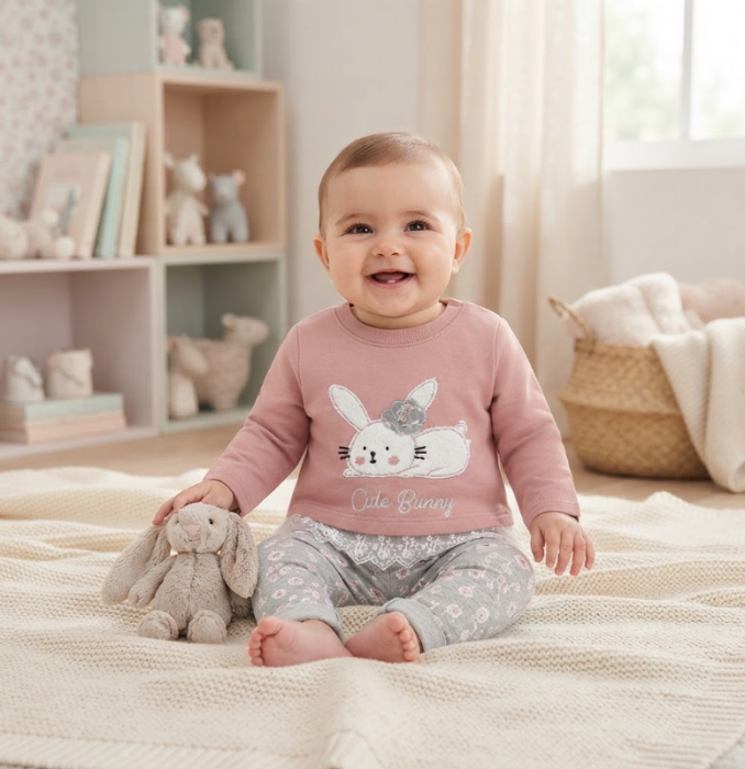 Set bebe 2 piese – bluză cu iepuraș și pantaloni cu imprimeu floral [2]