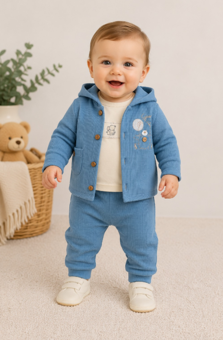 Set bebe 3 piese cu hanorac și pantaloni, din bumbac, Albastru [2]
