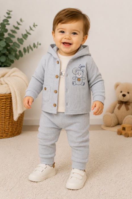 Set bebe 3 piese cu hanorac și pantaloni, din bumbac, Gri [2]
