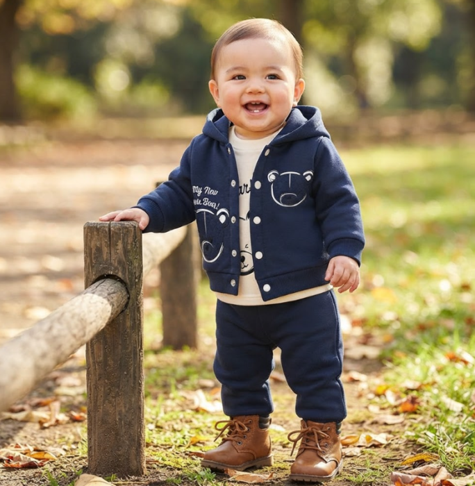 Set bebe 3 piese cu jachetă și pantaloni – Flausat, Bleumarin [2]
