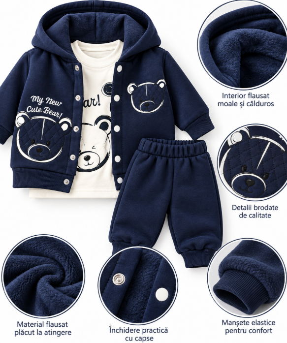 Set bebe 3 piese cu jachetă și pantaloni – Flausat, Bleumarin [4]