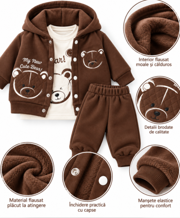 Set bebe 3 piese cu jachetă și pantaloni – Flausat, Maro [3]