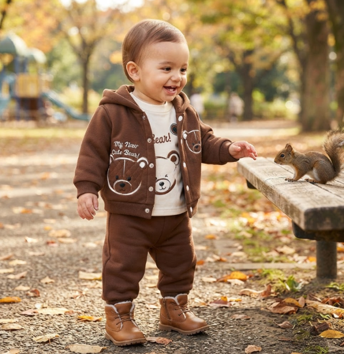 Set bebe 3 piese cu jachetă și pantaloni – Flausat, Maro [4]
