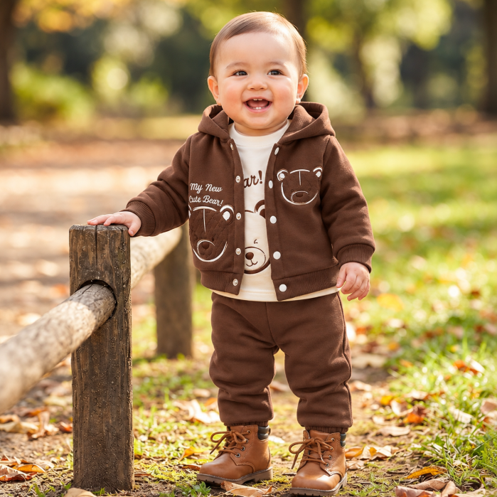 Set bebe 3 piese cu jachetă și pantaloni – Flausat, Maro [2]