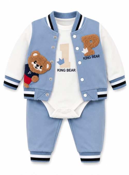 Set bebe 3 piese din bumbac – body, jachetă și pantaloni, model King Bear [2]