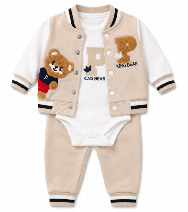 Set bebe 3 piese din bumbac – body, jachetă și pantaloni, model King Bear, Bej [2]