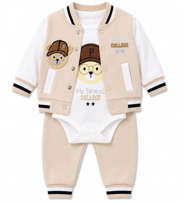 Set bebe 3 piese din bumbac – body, jachetă și pantaloni, model King Bear, Mr. Broms, Bej [2]