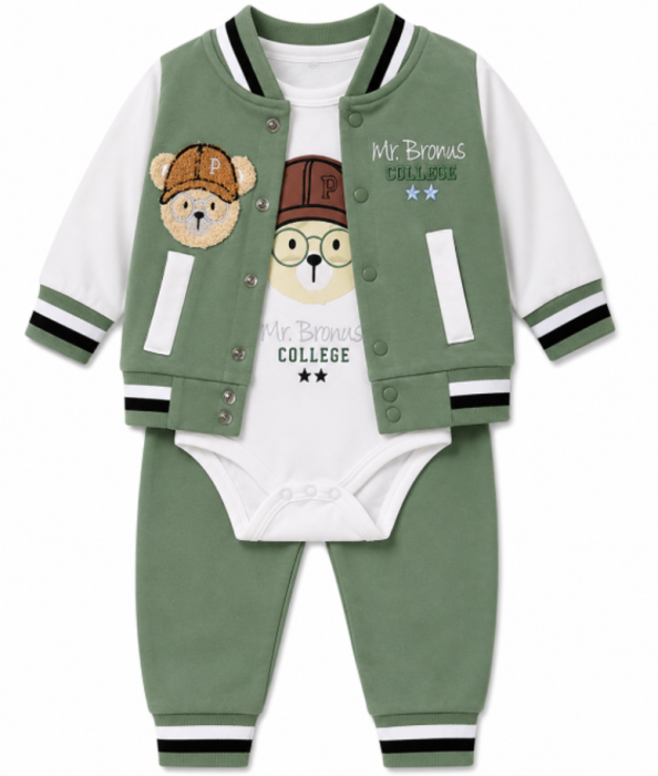 Set bebe 3 piese din bumbac – body, jachetă și pantaloni, model King Bear, Mr. Broms, Verde [2]