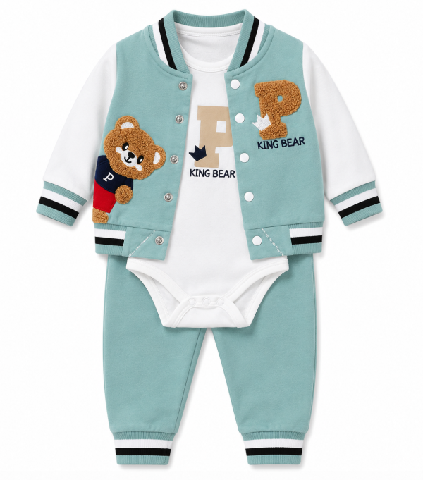 Set bebe 3 piese din bumbac – body, jachetă și pantaloni, model King Bear, Verde [2]