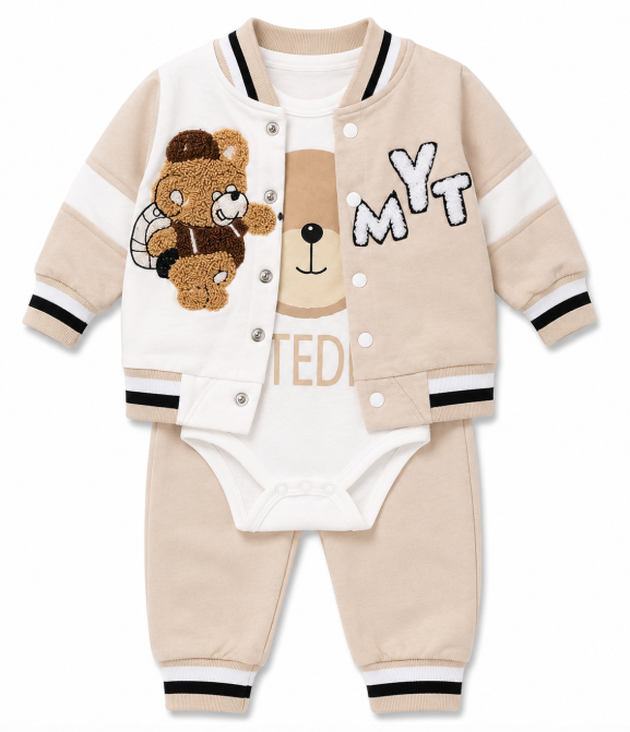 Set bebe 3 piese din bumbac – body, jachetă și pantaloni, model Ursulet pufos [2]