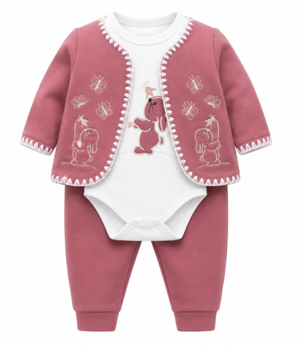 Set bebe 3 piese din bumbac plinuț, Rabbit Lux– confort și eleganță pentru cei mici, Burgund [2]