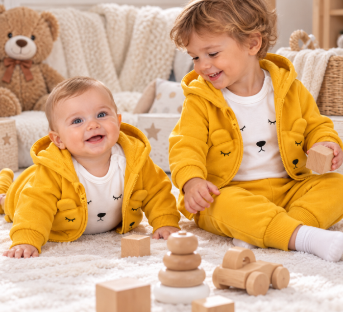 Set bebe 3 piese din bumbac, vătuit – confort și căldură, Galben [3]