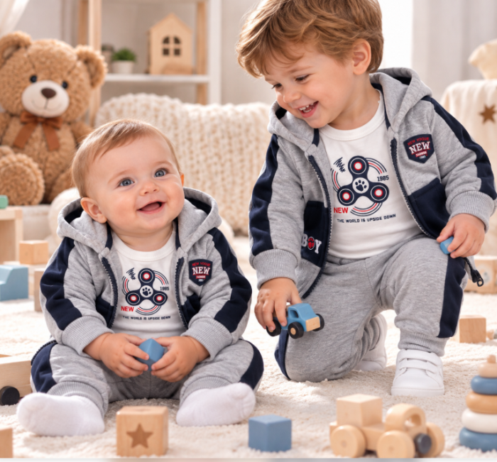Set bebe 3 piese din bumbac, vătuit – confort și căldură, Gri [3]