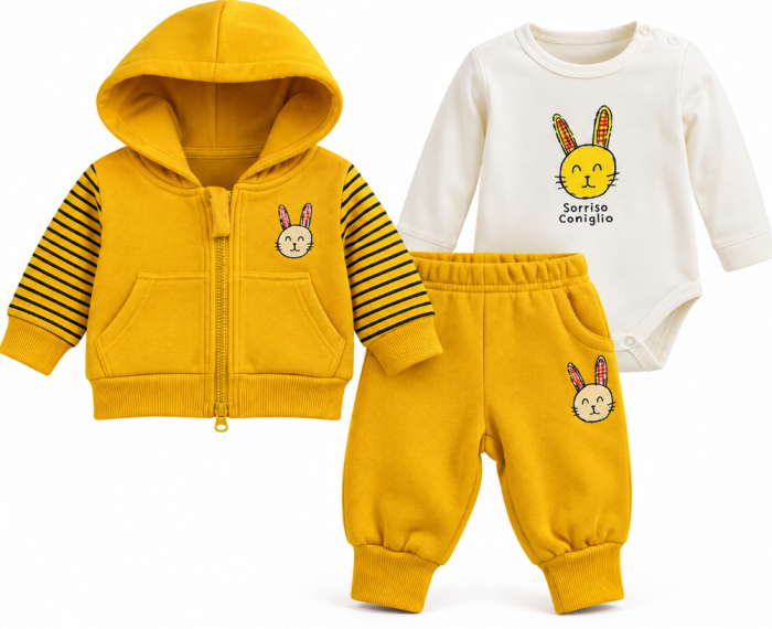 Set bebe 3 piese din bumbac, vătuit – confort și căldură, Iepuras stilizat [2]