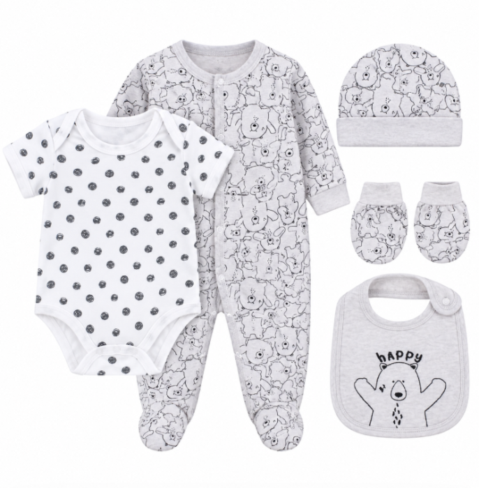 Set bebe 5 piese din bumbac 100% – confort și delicatețe pentru cei mici, Bebe fericit, 0-3 luni [2]