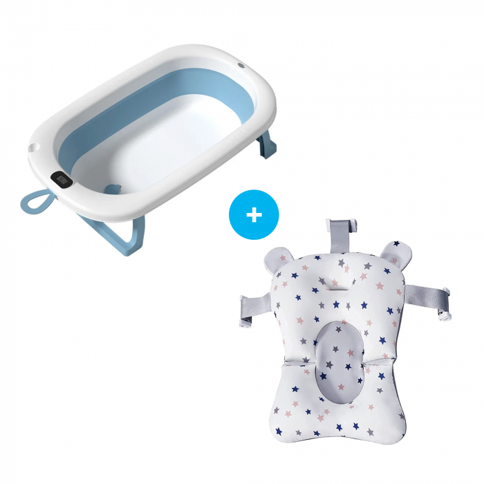 Set Cadita pliabila pentru bebelusi Beberoyal, cu termometru digital si dop de scurgere, Blue, 76cm CD-000-001 + Suport Textil Baie Bebelusi, Universal, Carlige prindere [1]