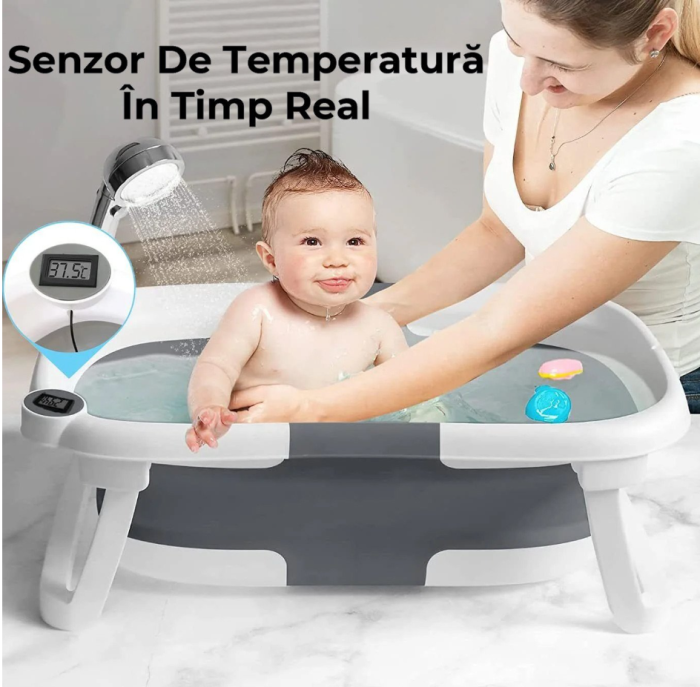 Cadita de baie pentru bebelusi, cu pernuta textila, portabila, pliabila in 2 moduri, dop indicator de temperatura, picioare antiderapante, suport cap de dus, 63 x 42 x 20 cm, culoare Gri [3]