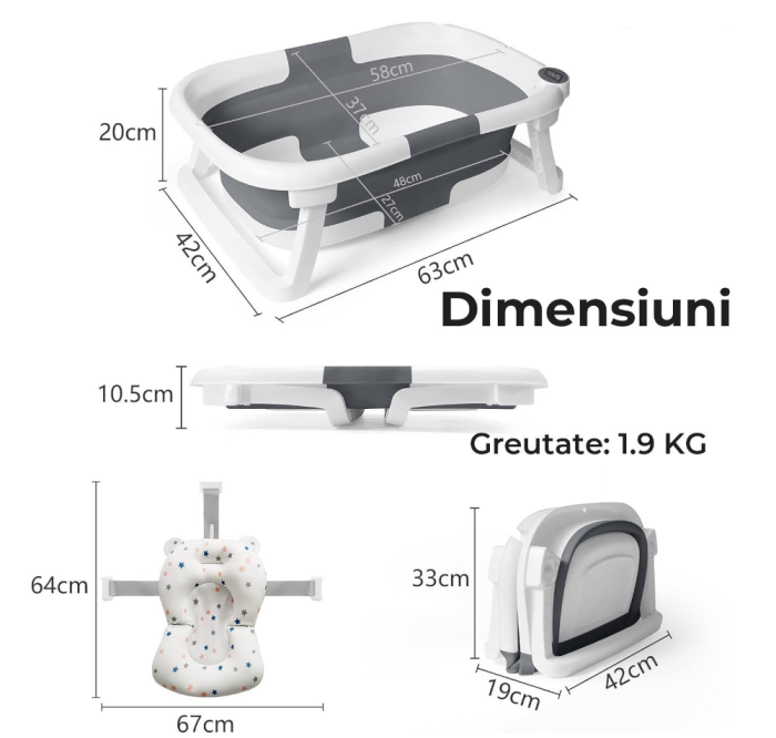 Cadita de baie pentru bebelusi, cu pernuta textila, portabila, pliabila in 2 moduri, dop indicator de temperatura, picioare antiderapante, suport cap de dus, 63 x 42 x 20 cm, culoare Gri [9]