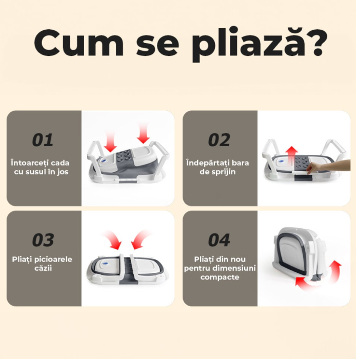 Cadita de baie pentru bebelusi, cu pernuta textila, portabila, pliabila in 2 moduri, dop indicator de temperatura, picioare antiderapante, suport cap de dus, 63 x 42 x 20 cm, culoare Gri [8]