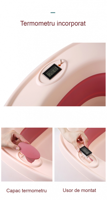 Set Cadita pliabila pentru bebelusi Beberoyal, cu termometru digital si dop de scurgere, Roz, 81cm CD-005-006 + Suport Textil Baie Bebelusi, Universal, Carlige prindere, Beberoyal [5]