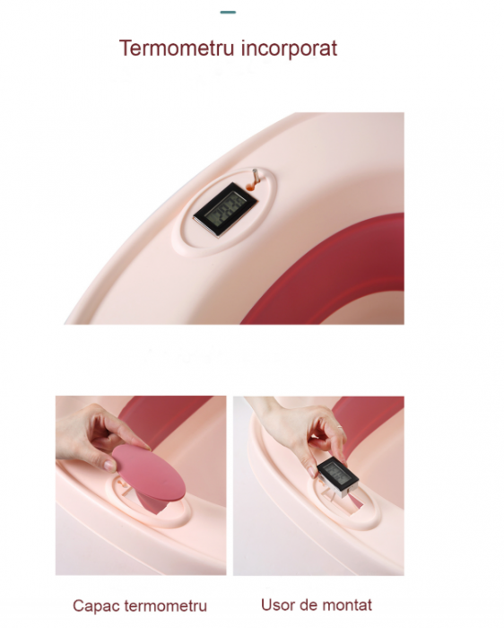 Set Cadita pliabila pentru bebelusi Beberoyal, cu termometru digital si dop de scurgere, Roz, 81cm CD-005-006 + Suport Textil Baie Bebelusi, Universal, Carlige prindere, Beberoyal [5]