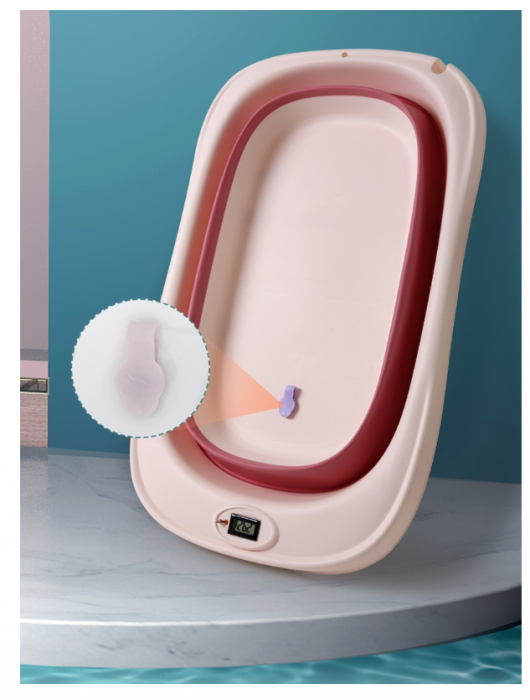 Set Cadita pliabila pentru bebelusi Beberoyal, cu termometru digital si dop de scurgere, Roz, 81cm CD-005-006 + Suport Textil Baie Bebelusi, Universal, Carlige prindere, Beberoyal [9]