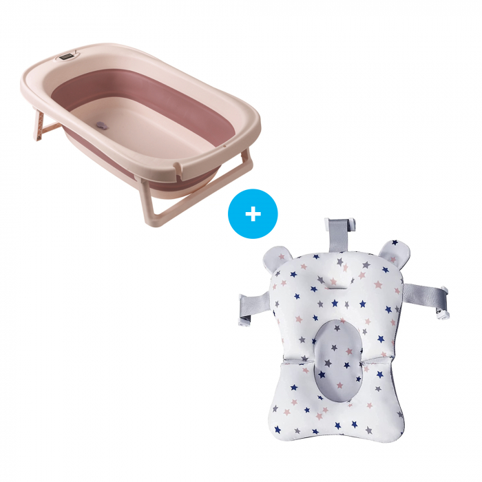 Set Cadita pliabila pentru bebelusi Beberoyal, cu termometru digital si dop de scurgere, Roz, 81cm CD-005-006 + Suport Textil Baie Bebelusi, Universal, Carlige prindere, Beberoyal [1]