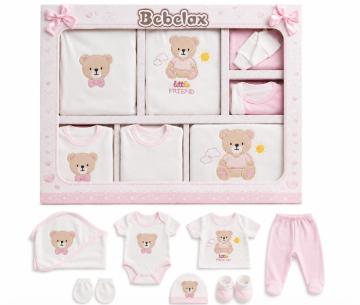 Set  Cadou,10 piese nou nascut si bebelusi, pentru maternitate, 0-3 luni, model Ursulet somnoros, roz [3]