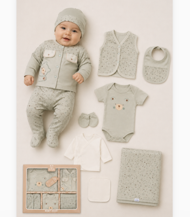 Set cadou 10 piese pentru nou nascuti, Bumbac Organic, Bebe in misiune, Vernil [2]
