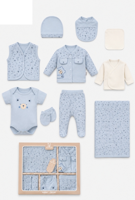 Set cadou 10 piese pentru nou nascuti, Bumbac Organic, Bebe in misiune, albastru [2]