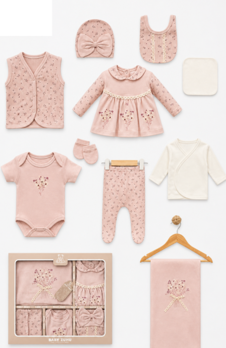 Set cadou 10 piese pentru nou nascuti, Bumbac Organic, Flori de Liliac [2]
