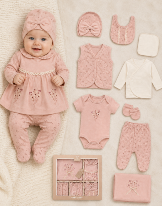Set cadou 10 piese pentru nou nascuti, Bumbac Organic, Flori de Liliac [3]