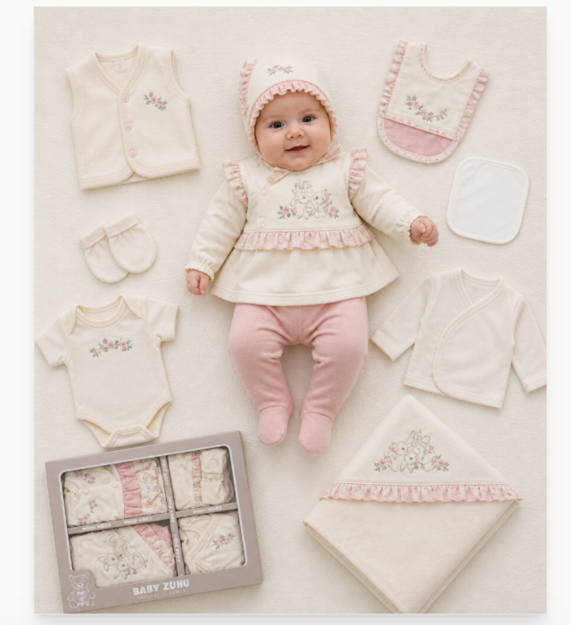 Set cadou 10 piese pentru nou nascuti, Bumbac Organic, Fluturas, Roz [3]