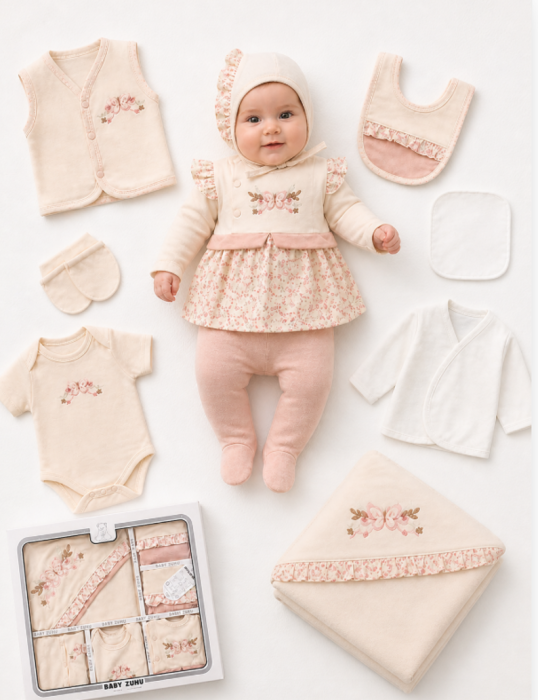 Set cadou 10 piese pentru nou nascuti, Bumbac Organic, Fluturas, Roz [2]