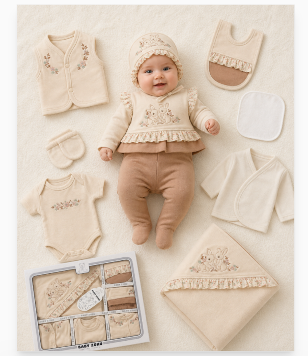 Set cadou 10 piese pentru nou nascuti, Bumbac Organic, Iepurasi, Cappuccino [2]