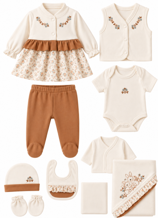 Set cadou 10 piese pentru nou nascuti, Bumbac Organic, Iepurasi, Cappuccino [2]