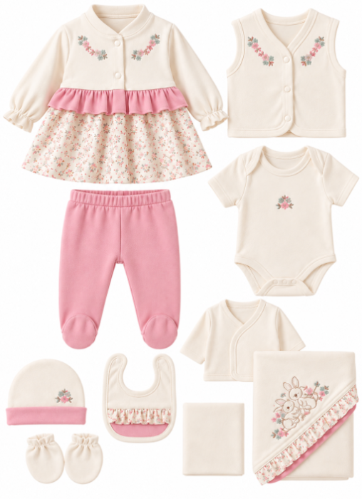 Set cadou 10 piese pentru nou nascuti, Bumbac Organic, Iepurasi, 0-3 luni, Roz [2]
