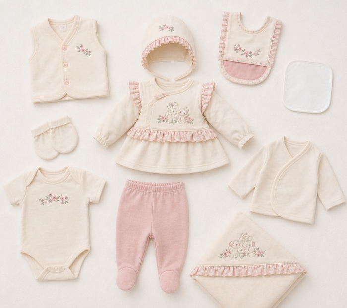Set cadou 10 piese pentru nou nascuti, Bumbac Organic, Iepurasi, roz [3]
